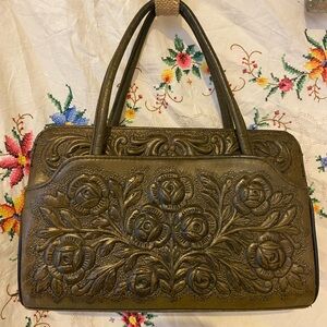 SOLD! VINTAGE 60s/70s OLIVE LEATHER TOOLED FLORAL PURSE
